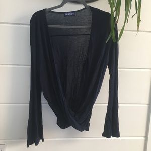 Charlie’s bell sleeve twist front top blouse small blue long bell sleeve